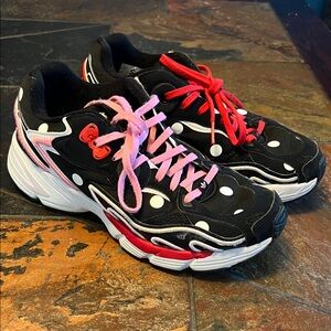 Adidas Black and White Polka Dot Sneakers with Red and Pink Laces
